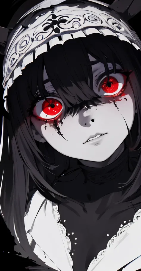 (obra maestra, La mejor calidad), fondo, (horror), miedo, horror, sangre, Llorosos, Mujer, blanco y negro, ((ojos rojos)) high resolution ultra detailed realistic shadow glowing eyes circular pupils defocused background,