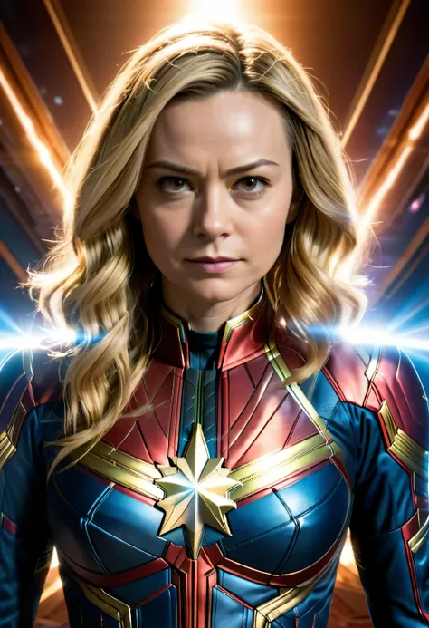 Scene from Movie, captain marvel from marvel Close-Up, Distorted Space, Distorted Undead in the Background, Lens Flares, Light Shafts, Intricate Details, High Detailed, Volumetric Lighting, 4k Rendering, Stock Photo, Hyper-Realistic, Realistic Textures, Dr...