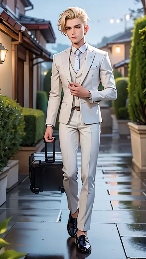 handsome 21 years old man, blond hair, muscular, he wears white elegant suitcase. Background garden in the night.  Full body