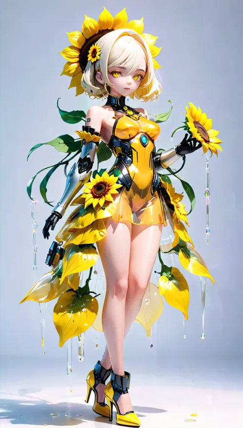 (blind box spielzeug stil:1.2),full body, solo,white background,(a female robot in a transparent yellow sunflower dress, wearing...