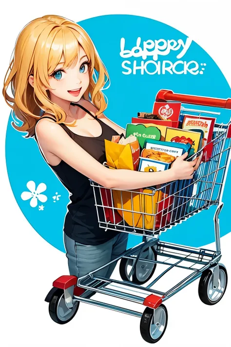 A cartoon of a happy lady with a shopping cart for a logo 