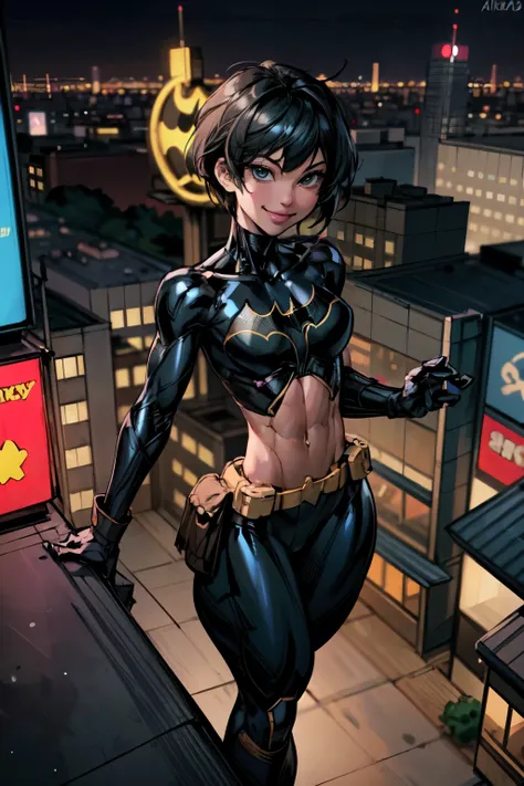 (masterpiece, best quality),1girl, solo, cassandra cain, batgirl suit, black hair, brown eyes, smile,
akihabara city, of the dea...