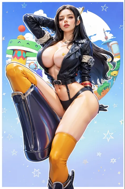 a cartoon picture of a woman in a black outfit and boots, nico robin, in a mixed style of æon flux, from one piece, tifa, tifa lockhart, style mix of æon flux, android 18, cutesexyrobutts, saiyan girl, inspired by Masamune Shirow, tifa lockheart, bulma fro...