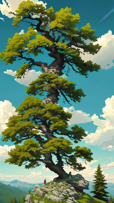 A top of Rocky mountain with a big beautiful tree. Greeny environment with pretty clouds