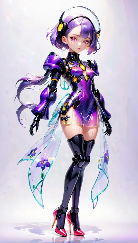 (Blind Box Spielzeug Stil:1.2),full body, solo,white background,(A female robot in a transparent Purple Iris dress, wearing gloves and high heels),(Chinese color,Very colorful), Cyberpunk, Dreamy Glow, Luminous neon lamp, 3D