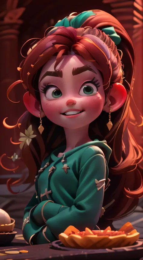 Fusion Vanellope-Mérida, Merge models, Les vêtements de Merida (robe vert bouteille) , les cheveux noir de Vanellope,  La fusion, une fille, beau, personnage, fillette, enfant, plage, (Centre de table:1.2), (best quality:1.2), (Seul:1.2), ((Pose de combat)...