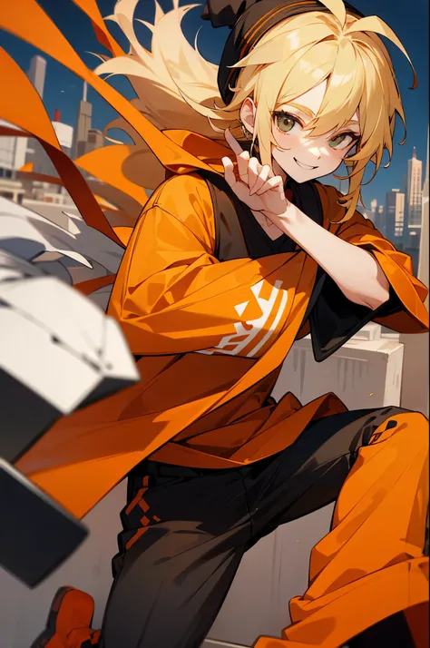 casual, citylike, smiling, blonde hair, orange outfit, black jordans, black beanie, young male,