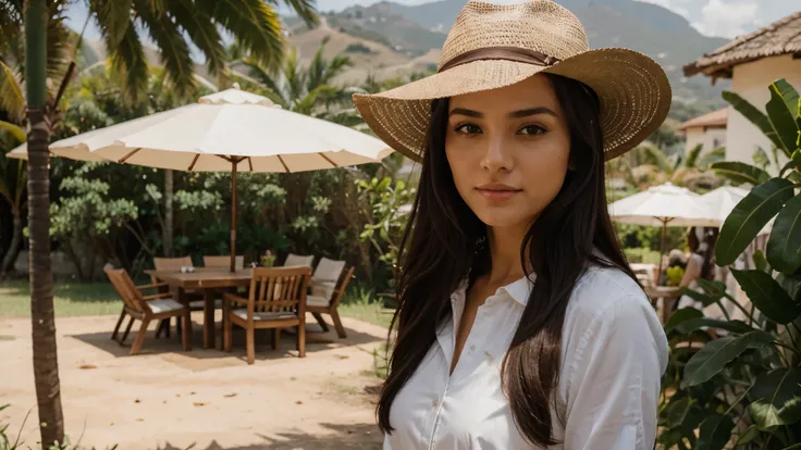 A WOMAN FROM THE ROÇA, wearing hat, CAMISA XADREX COLHENDO FRUTAS.