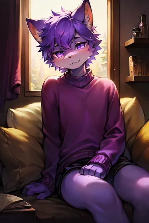 Solo Male Furry Cat with a Purple Sweater: A captivating scene of a mesmerizing solo male furry cat donning a cozy purple sweater, sitting in an enchanting fantasy environment. Its snout twitches playfully as its dark purple enchanting eyes gaze directly a...