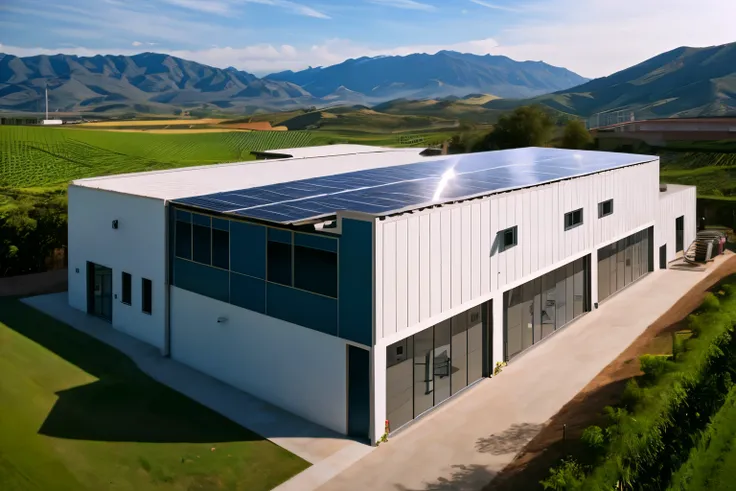 an architecture and design of a factory that manufactures sustainable blocks, an industry with sustainable mechanisms that capture rainwater and solar panels, vista de cima. designer 