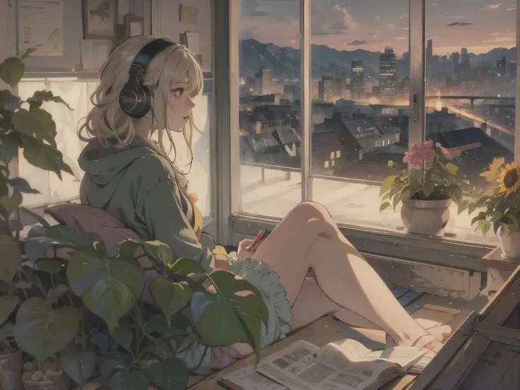 a detailed anime girl, wearing a large sweater, wearing headband headphones, lofi, tranquil, quiet vibes, chilling, in her livin...