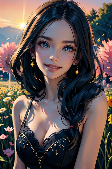 award winning digital art, half body portrait of a beautiful woman in a silk Tang dress, navy blue teal hairstyle, head in motion and long hair flying, big smile, sparkling eyes, in a flower field, golden sunset, particles dust, glitter, paint splashes, sp...