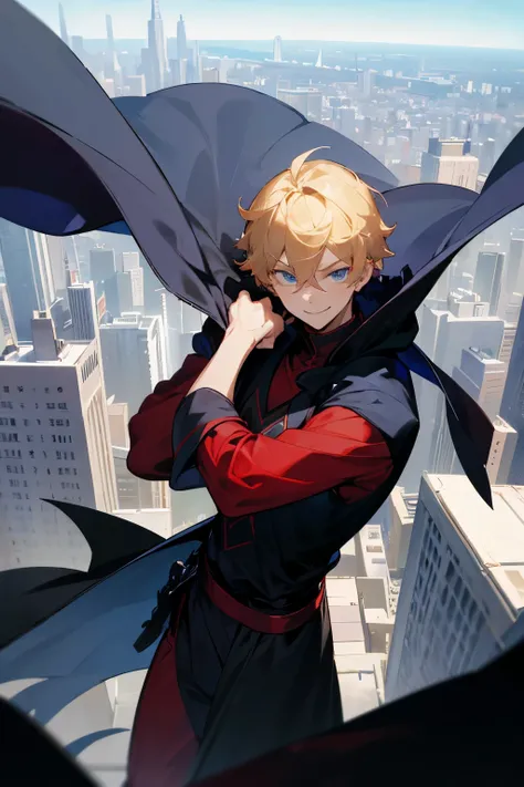 casual, citylike, red outfit,blue shirt, black jordans, young male,black cape,morning time, blonde hair, blue eyes, smiling