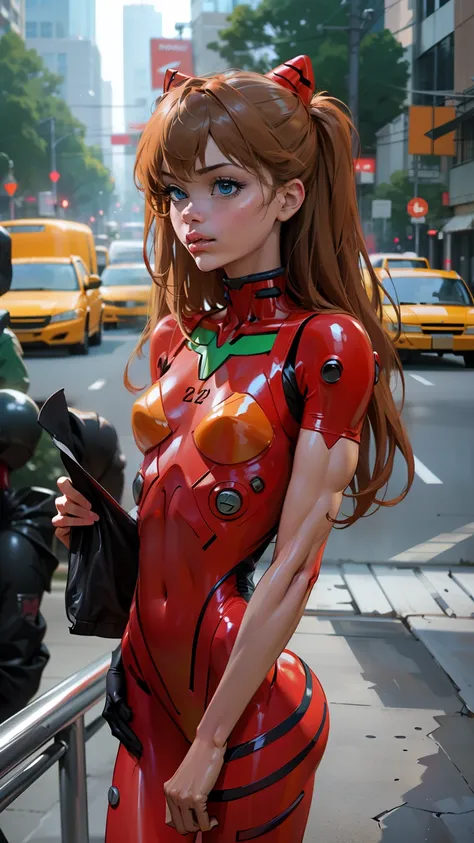 Asuka langley evangelion, a stunning woman, ((low rise bodysuit:1.4)), confidently on a vibrant city street in eva plugsuit, ((slendered abs:1.4)), ((navel exposed)), ((v cut abs:1.3)), realistic, super detail, ((masterpiece)), (cinematic lighting), ((dark...