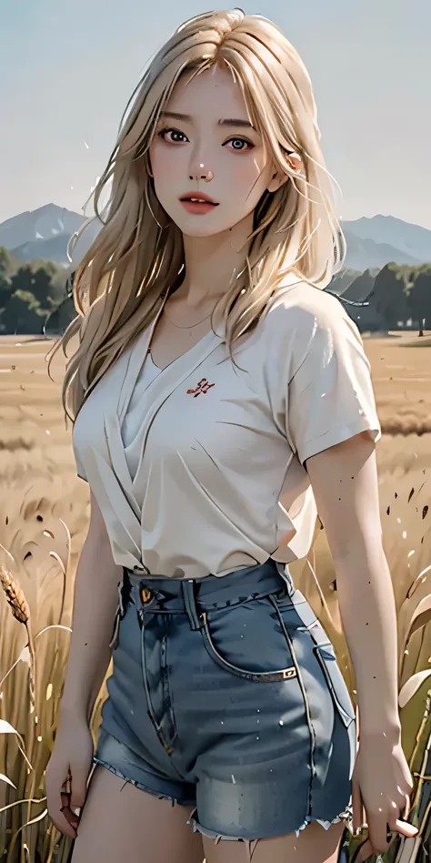 whole body, Portrait of cute blonde girl, Standing on the wheat field (((look away))), bloom, orange fog, sporty, thinning hair, realism, high quality渲染, amazing art, high quality, film grain, Fuji XT3, Dreamy, acne, Freckled, imperfections