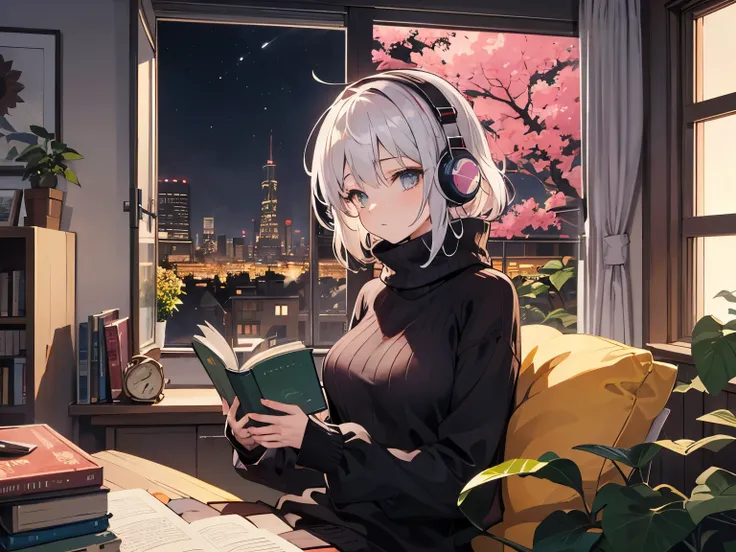 A detailed anime girl, wearing a large sweater, wearing headband headphones, lofi, tranquil, quiet vibes, chilling, in her living room reading, A large window with a view over the city, city skyline visible outside, quiet night, cat, masterpiece, best qual...