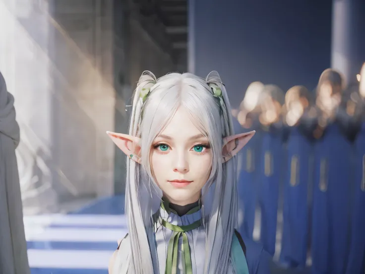 an adult female elf with long white hair and light green eyes , she has elf ears