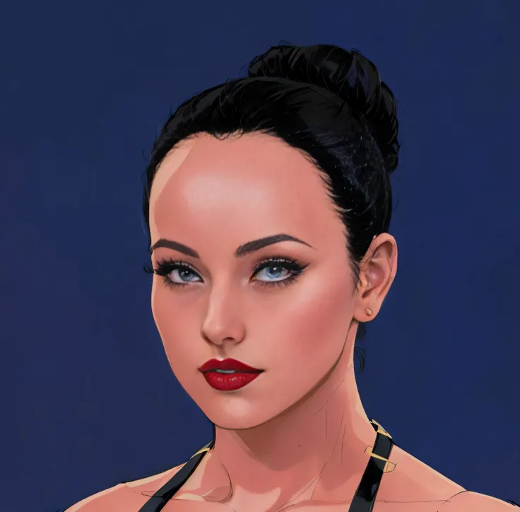 ((masterpiece, best quality)), ((33 year old)), (((Curvy))), (((Greek woman with black hair-bun)),  dark red lipstick, Standing in front of a blue screen, (((comic book art style)))