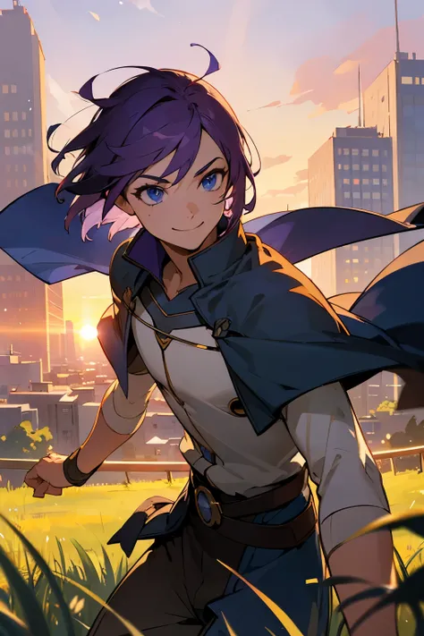 avatar, purple hair, male, grass , brown cape, blue eyes, white shirt, short hair, sunset, smiling, city like background