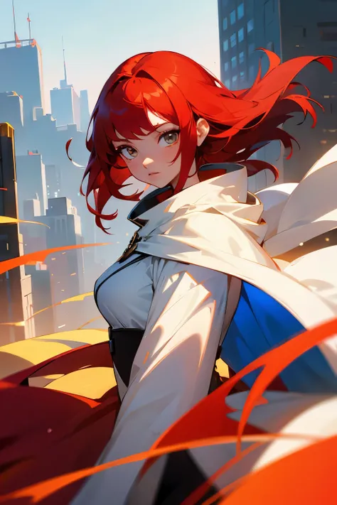 avatar, red hair, young female,city backgorund, white cape, hazel eyes, white shirt, medium length hair,

