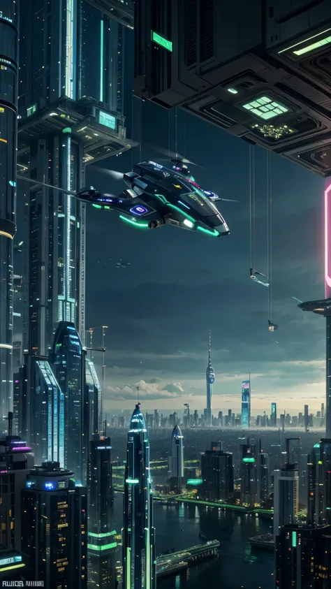 Envision a world where technology and nature intertwine seamlessly. Create a wallpaper that captures the essence of a futuristic metropolis, where skyscrapers are adorned with verdant greenery, drones flit between organic and synthetic structures, and holo...