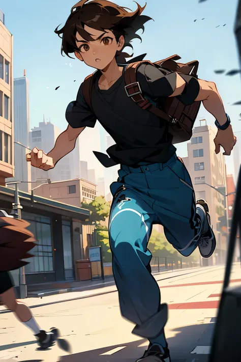 avatar, brown hair, young male,city backgorund, brown eyes, black shirt, short hair, school bag, running, blue jordans