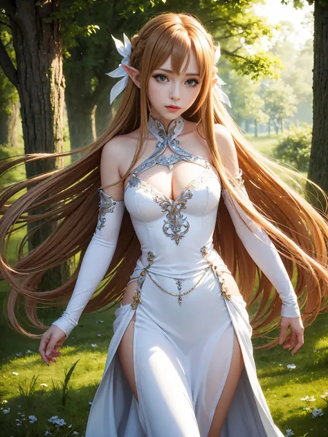 A graceful elf girl stands in a meadow, her delicate features illuminated by the soft light of the setting sun. Her long, flowing hair cascades down her back, adorned with intricate braids and adorned with sparkling jewels. This stunning painting captures ...