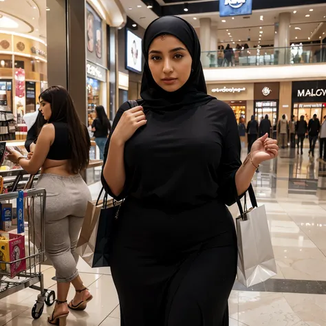 a beautiful middle eastern woman, in hijab, curvy body, shopping at the mall, mall background, realistic, realism, photorealism, real human