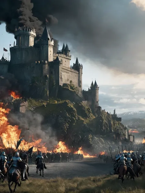 Tips for generating high-quality images of epic battle scenes from TV series "game of Thrones" will:

"epic battle scene, Medieval warrior fights war dragon, Armored knights fighting with swords, Archer shoots arrows, Burning battlefield, crumbling castle ...