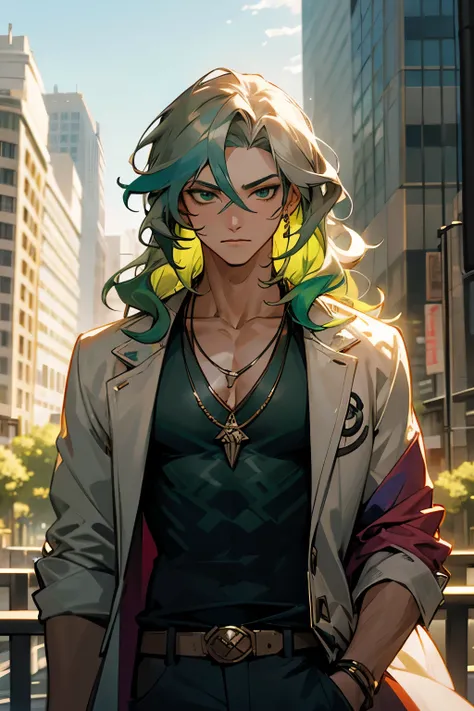 avatar,wavy hair, silver necklace,multi color jacket, earrings, young male, sunlight, green hair , city background, muscular