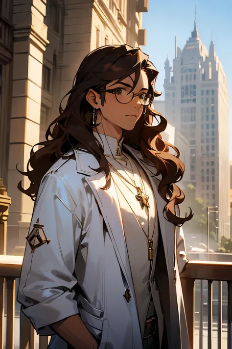 avatar,wavy hair, silver necklace,white docter jacket, earrings, young male, sunlight, brown hair , city background, muscular, glasses,