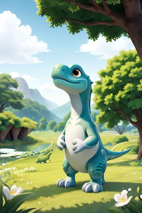 In the tranquil expanse of a white background, a captivating image unfolds: a baby dinosaur, in the grandeur of its full length, embraces the lush greenery of a meadow in a single line Disney-style illustration. With bold ink lines defining every curve and...