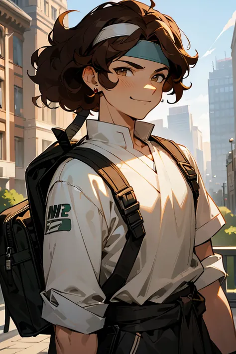 avatar,curly hair, medium length hair , earrings, young male, sunlight, brown hair , city background, white nike backpack, pony tail, hazel eyes, brown headband, smirking