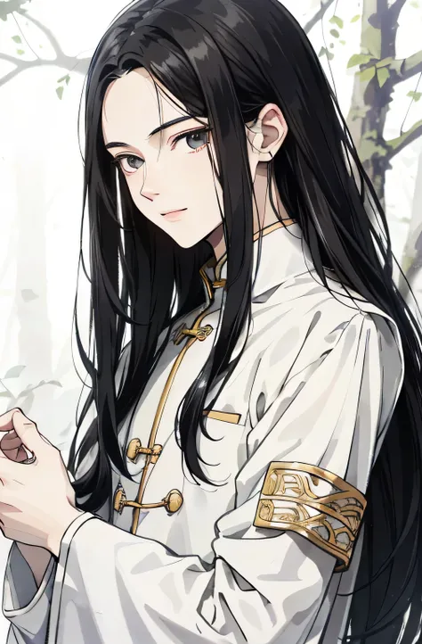 Absurd, A high resolution, super detailed, Texture details, clear idea, HD details, Detailed execution, small parts, clean face, Fix it for sure, （（long black hair））、long white hair、18-year-old man, Beautiful, High,soft smile、slightly muscular,（Transparent...