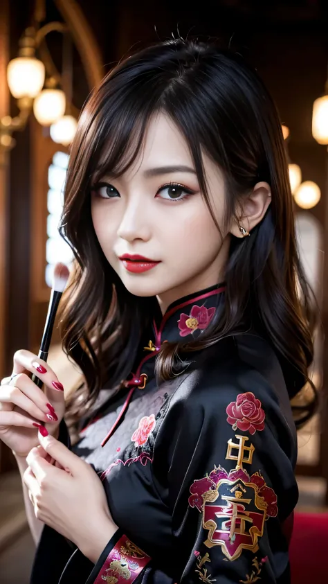 Super detailed、Japanese、charming beauty、seductive adult woman、Beautiful woman、sharp eyes、cool girl、wavy hair、long black cheongsam、wide sleeve、evilの幹部、evil depravity、brainwashing、Mind control、apply lipstick、grin、evilな表情、evil、empty eyes、evil、church at night、...