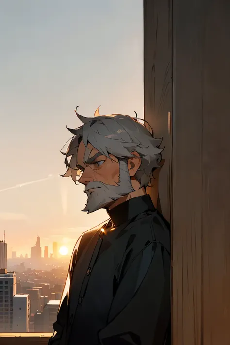 short curly hair, black shirt, old male, hazel eyes, sunset, grey hair, city background, caramel skin tone, grey hair, tired, beard,