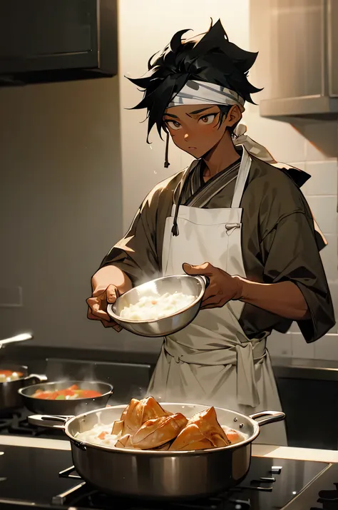 1 male, Young Adult, African American Skin Color, Kitchen Background, Cooking, Black Hair, Bandana on head, Masterpiece Quality, Perfect Generation.