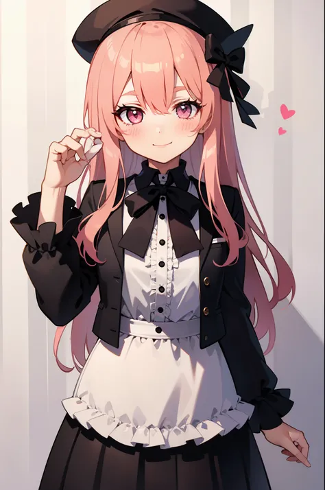 rating:safe, striped, pink_hair, long_hair, solo, 1girl, vertical_stripes, long_sleeves, blush, very_long_hair, smile, striped_background, closed_mouth, eyebrows_visible_through_hair, dress, black_ribbon, bangs, pink_eyes, shirt, hair_between_eyes, looking...