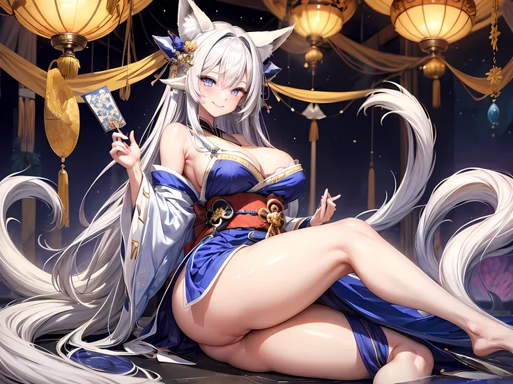 1 girl, long silver hair, fox ears, only fox ears, blue eyes, extremly detailed eyes, extremly detailed, blushing, (face perfect:1.1), (high detal:1.1), top-quality, huge breasts, sexy and seductive, wearing blue and white erotic kimono with golden embroid...