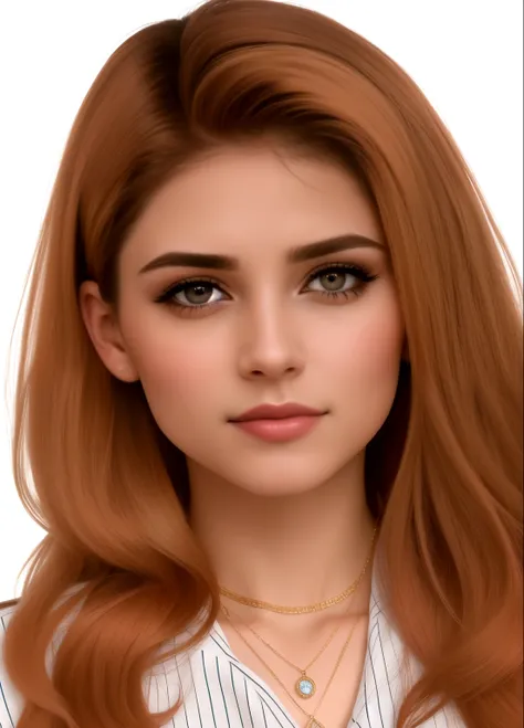 um close up de uma mulher com longos cabelos ruivos e um colar, Realista rosto detalhado, detailed Realista face, real rosto detalhado, highly detailed Realista face, avatar da segunda vida, hyperRealista teen, pele brilhante, detailed and Realista face, i...