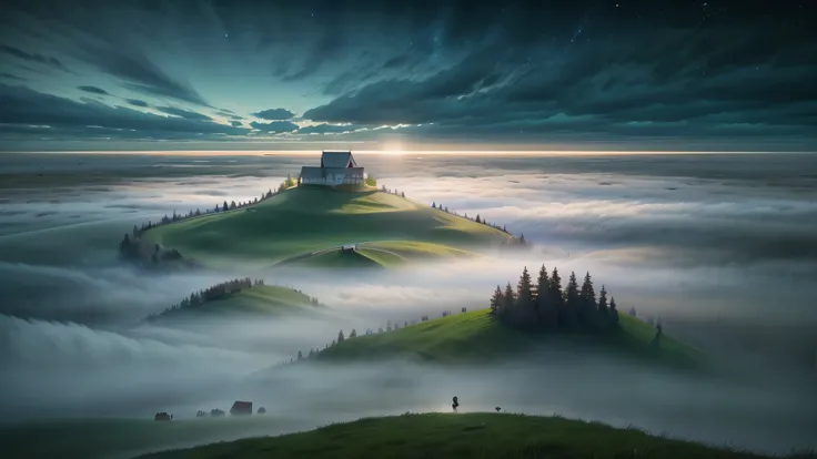 create a fictional scenario, fog, Night sky, the floor is made of grass, alta qualidade de imagem