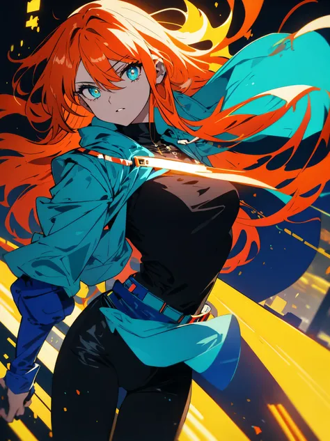 (highest quality、masterpiece、detailed)、(Shining eyes)、Girl with orange hair, wearing a blue cyberpunk costume, In a colorful meadow, At night、beautiful anime