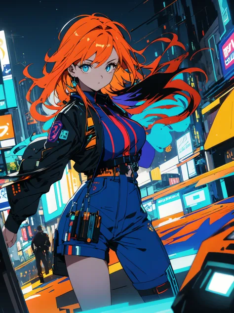 (highest quality、masterpiece、detailed)、(Shining eyes)、Girl with orange hair, wearing a blue cyberpunk costume, In a colorful meadow, At night、beautiful anime