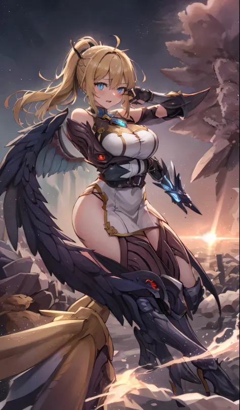 combat mecha，（blonde girl），(huge ponytail),Airu Blue glowing light energy long sword，Milky Way，mechanical and sophisticated，（（blonde beauty））public details，mecha wings，elegant，blue mecha，blue shining eyes，（stocking heels），land，mechanical and sophisticated，...