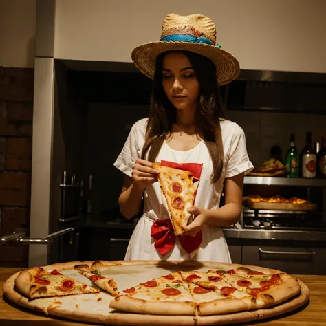 Un mago vestido con ropa y sombrero de pizza