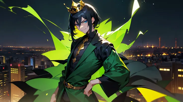 city background, green outfit, black shirt, golden crown, evil smirking, blue eyes, black hair, straight hair, young male, night time