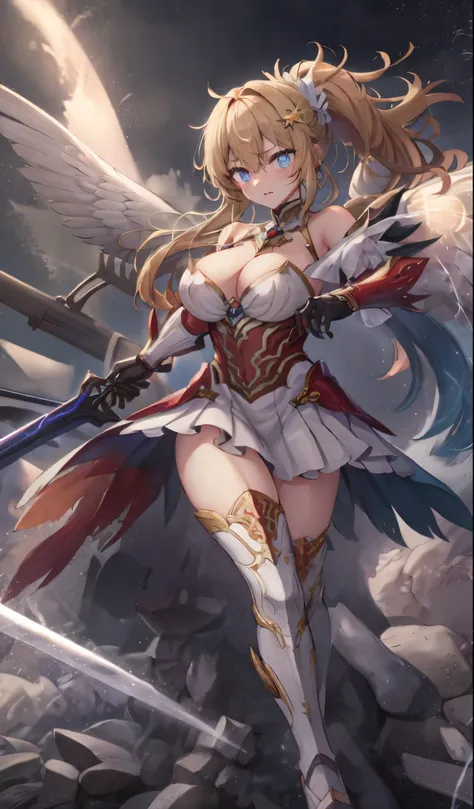 combat mecha，（blonde girl），(huge ponytail),Airu Blue glowing light energy long sword，Milky Way，mechanical and sophisticated，（（blonde beauty））public details，mecha wings，elegant，blue mecha，blue shining eyes，（stocking heels），land，mechanical and sophisticated，...