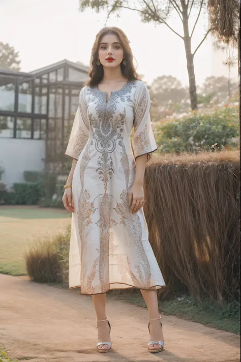 (full body shot:1.5), (Masterpiece:1.1), (beautiful girl in Indian outfits), (standing on garden), 1girl, solo girl, 20 year old woman, ultra realistic face, hyperrealistic, hyperdetailed, (looking at viewers), sharpen, detailed face, detailed eyes, detail...