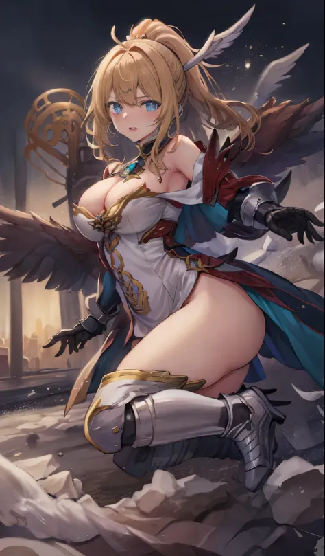 combat mecha，（blonde girl），(huge ponytail),Airu Blue glowing light energy long sword，Milky Way，mechanical and sophisticated，（（blonde beauty））public details，mecha wings，elegant，blue mecha，blue shining eyes，（stocking heels），land，mechanical and sophisticated，...