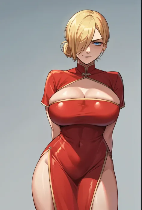 score_9, score_8_up, score_7_up, source_anime, solo, 1girl, attack kn titan, annie leonhart, smug, sinister smug expression, evil, looking at viewer, arms behind back, blonde hair, hair over one eye, blue eyes, red gown, short sleeves, latex suit, humongou...